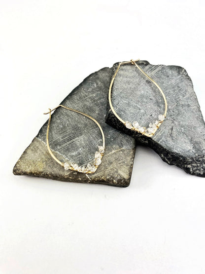 Hammered Gold Petal Hoop Earrings with Wrapped Herkimer Diamonds, minimalist earrings, delicate earrings, gold earrings, petal hoops