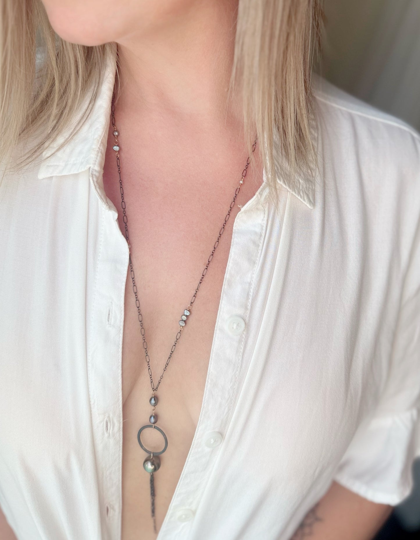 Mixed Metal Tahitian Pearl Fringe Necklace