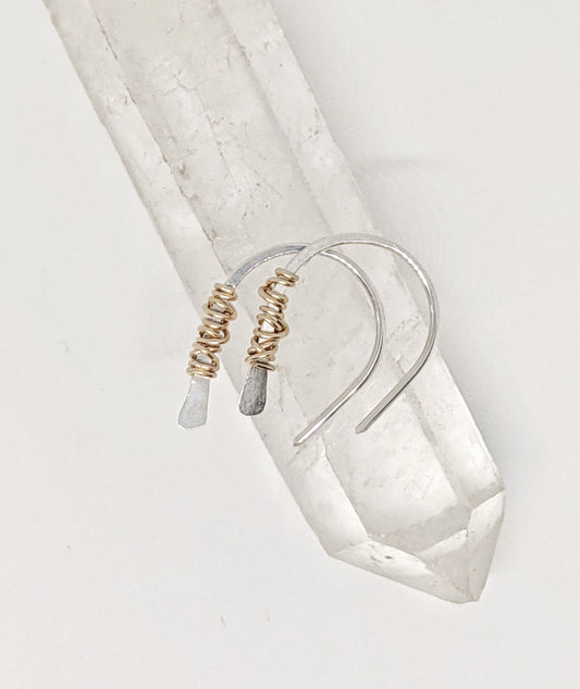 Silver Horseshoe Threader with 14k Gold Wrap | Huggie Hoops | Dainty Earrings | Tiny Earrings | Small Boho Earrings | Mini Earrings | Open Hoop | Horseshoe Earrings