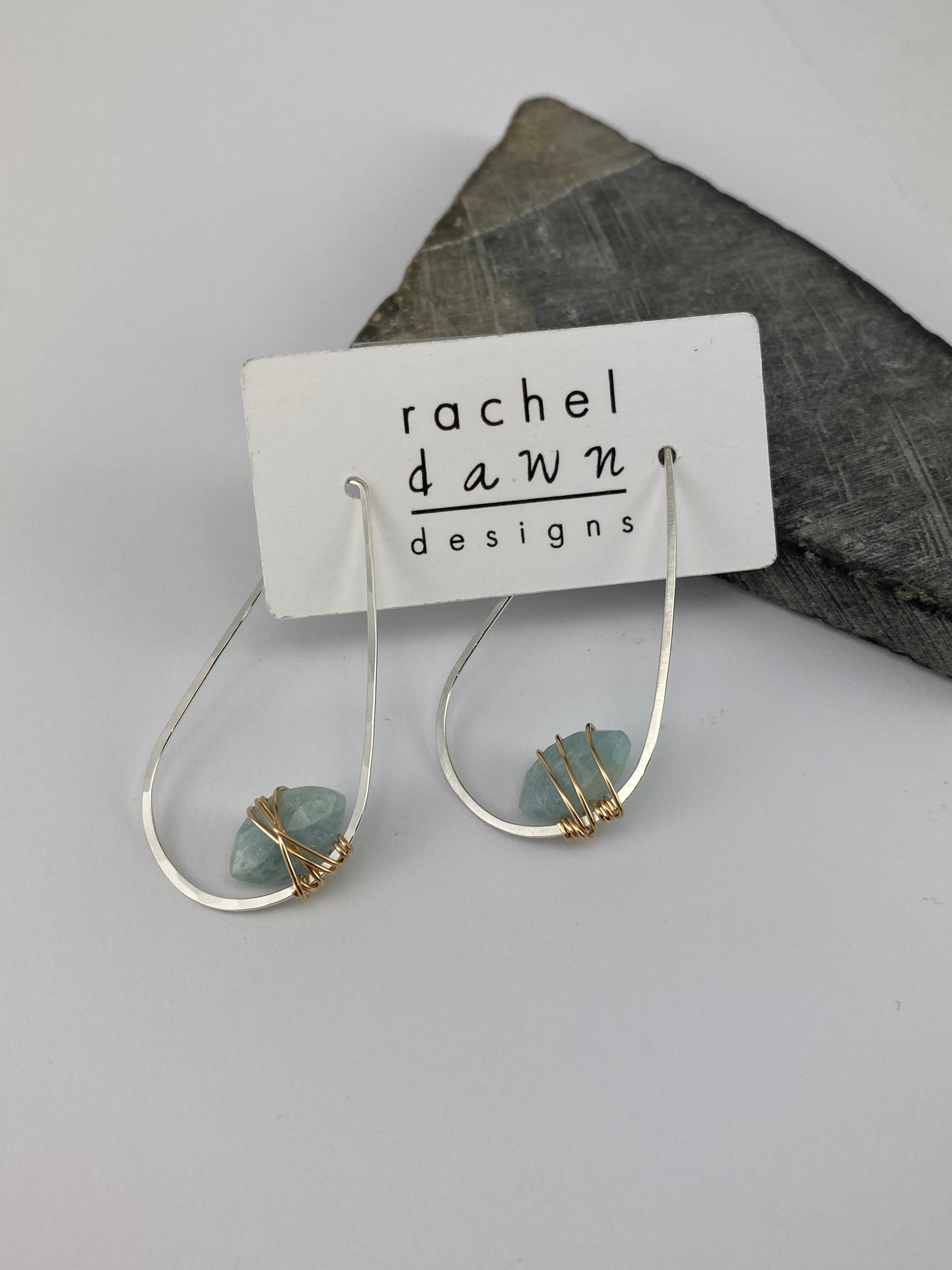 Aquamarine Teardrop Hoop Earrings with Sterling Silver and 14K Gold