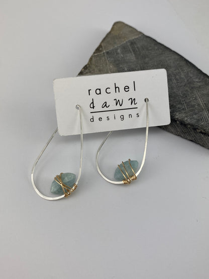 Aquamarine Mixed Metal Teardrop Hoop Earrings | Teardrop Hoops | Geometric Earrings | Minimalist Earrings | Sterling Silver | 14 K Gold Fill