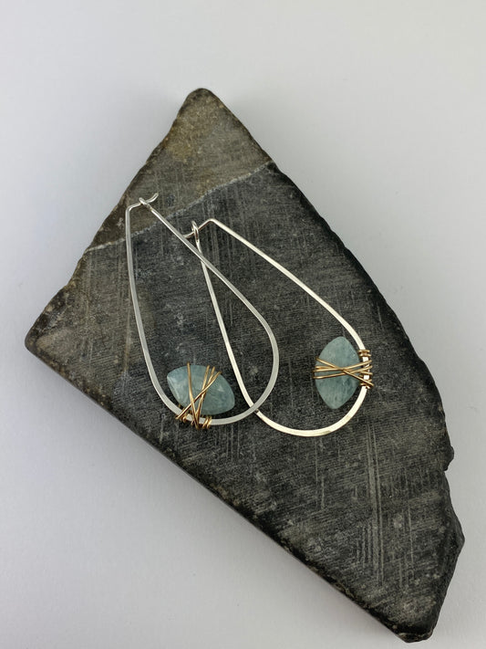 Aquamarine Mixed Metal Teardrop Hoop Earrings | Teardrop Hoops | Geometric Earrings | Minimalist Earrings | Sterling Silver | 14 K Gold Fill