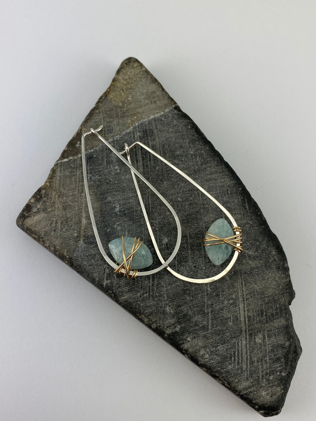 Aquamarine Teardrop Hoop Earrings with Sterling Silver and 14K Gold