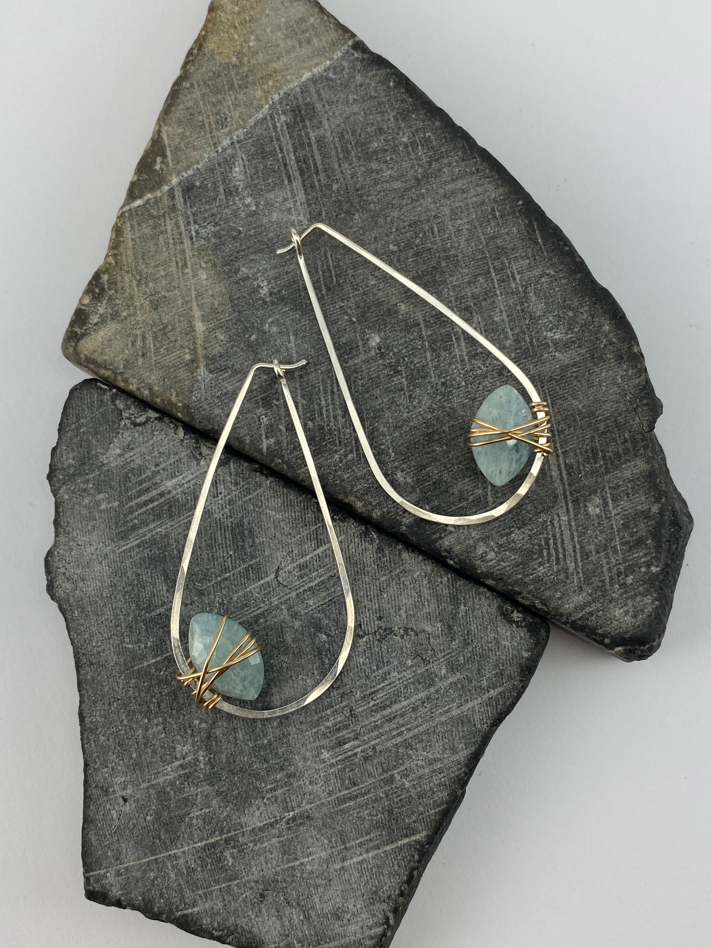 Aquamarine Teardrop Hoop Earrings with Sterling Silver and 14K Gold