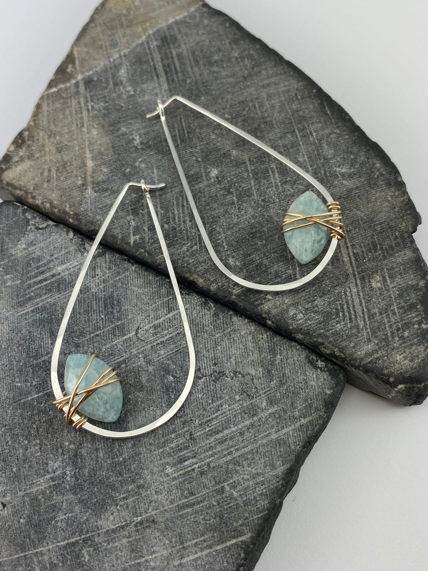 Aquamarine Mixed Metal Teardrop Hoop Earrings | Teardrop Hoops | Geometric Earrings | Minimalist Earrings | Sterling Silver | 14 K Gold Fill