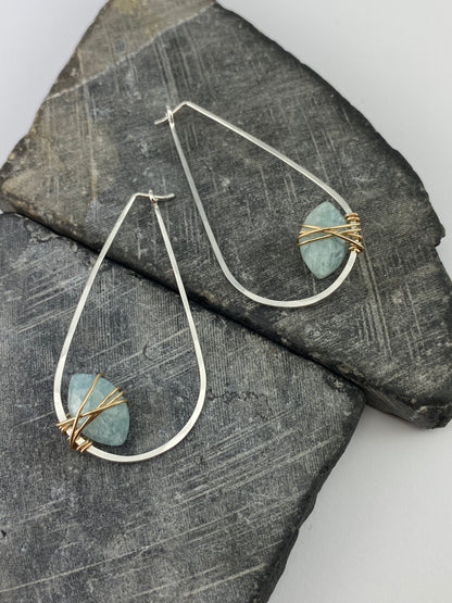 Aquamarine Mixed Metal Teardrop Hoop Earrings | Teardrop Hoops | Geometric Earrings | Minimalist Earrings | Sterling Silver | 14 K Gold Fill