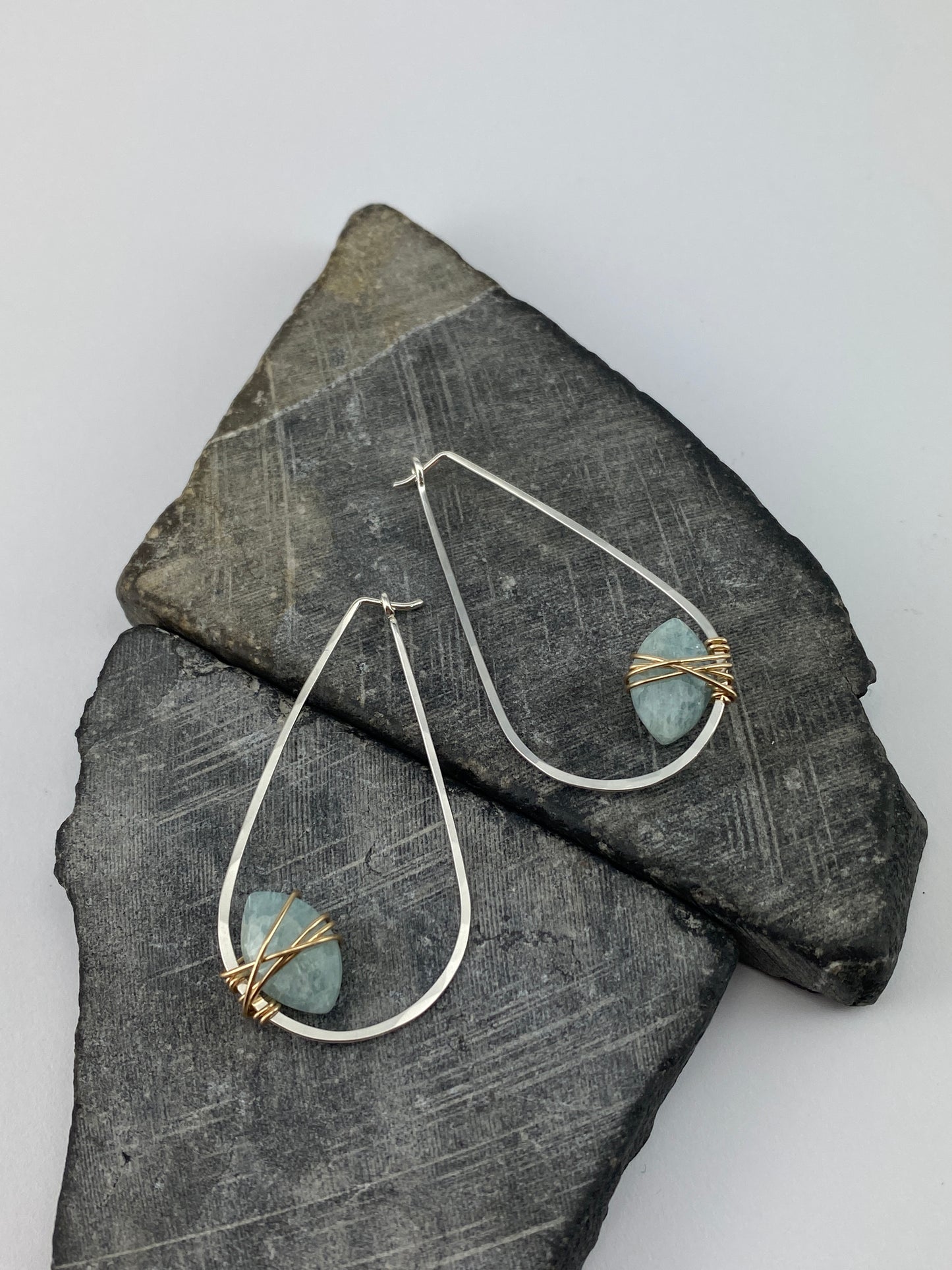 Aquamarine Mixed Metal Teardrop Hoop Earrings | Teardrop Hoops | Geometric Earrings | Minimalist Earrings | Sterling Silver | 14 K Gold Fill
