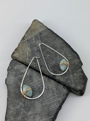 Aquamarine Teardrop Hoop Earrings with Sterling Silver and 14K Gold