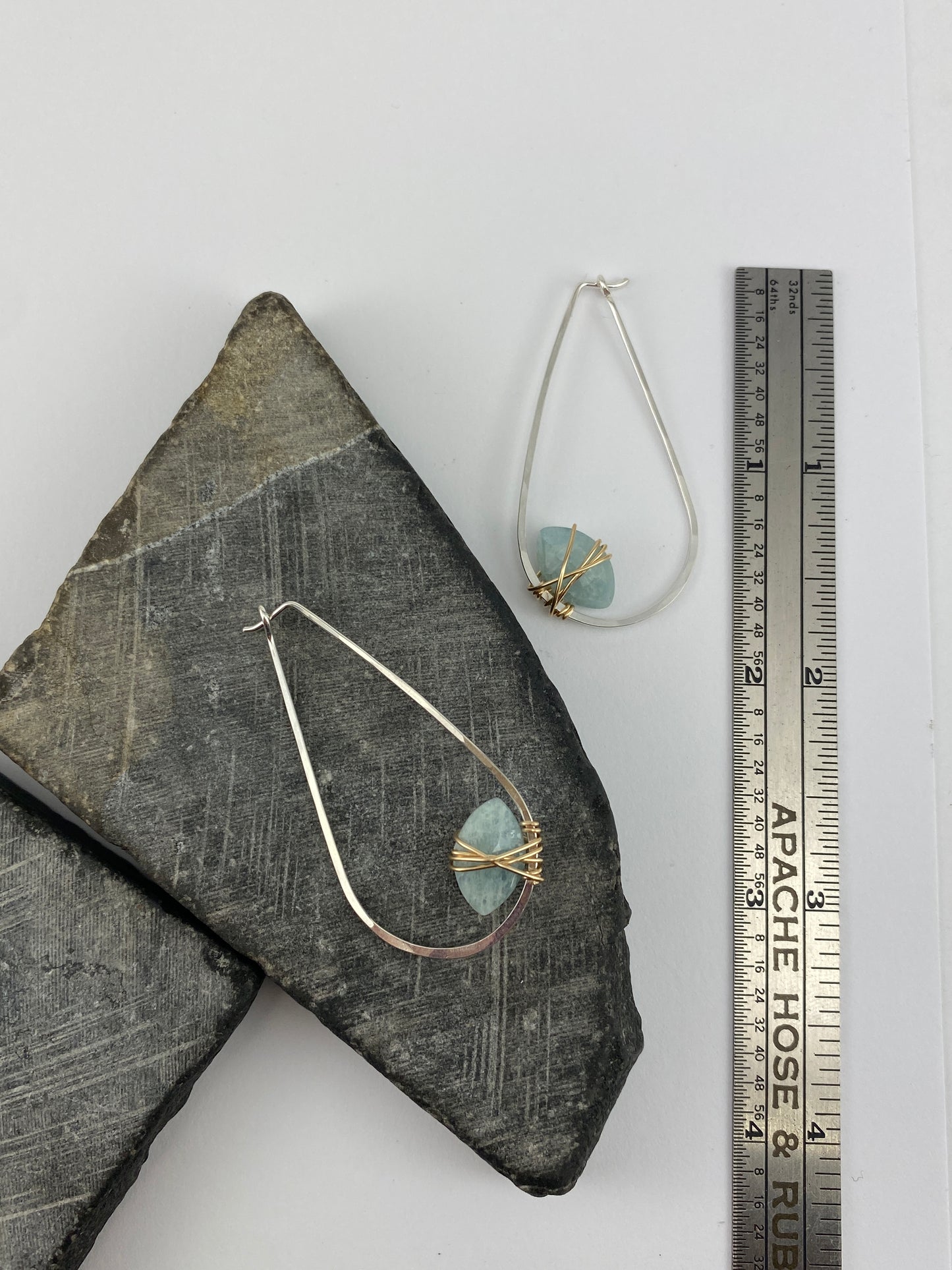 Aquamarine Mixed Metal Teardrop Hoop Earrings | Teardrop Hoops | Geometric Earrings | Minimalist Earrings | Sterling Silver | 14 K Gold Fill