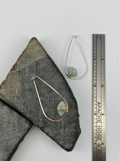 Aquamarine Mixed Metal Teardrop Hoop Earrings | Teardrop Hoops | Geometric Earrings | Minimalist Earrings | Sterling Silver | 14 K Gold Fill