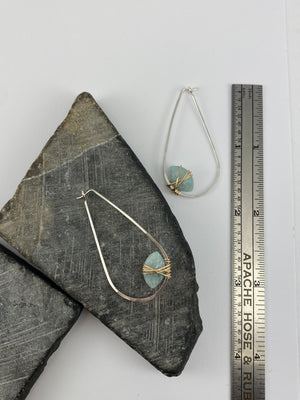 Aquamarine Teardrop Hoop Earrings with Sterling Silver and 14K Gold