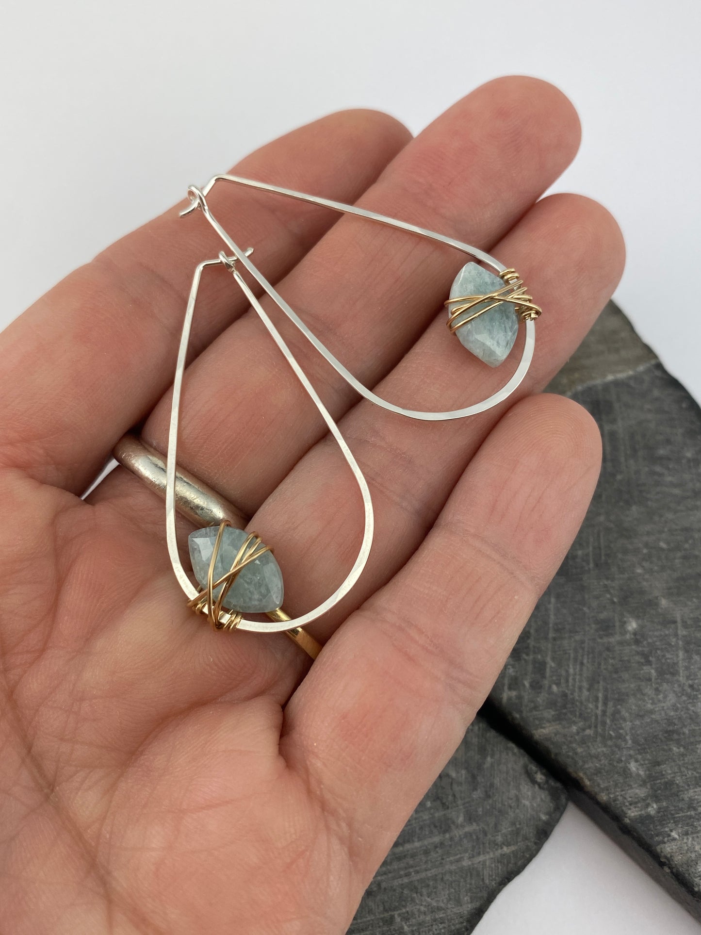 Aquamarine Mixed Metal Teardrop Hoop Earrings | Teardrop Hoops | Geometric Earrings | Minimalist Earrings | Sterling Silver | 14 K Gold Fill