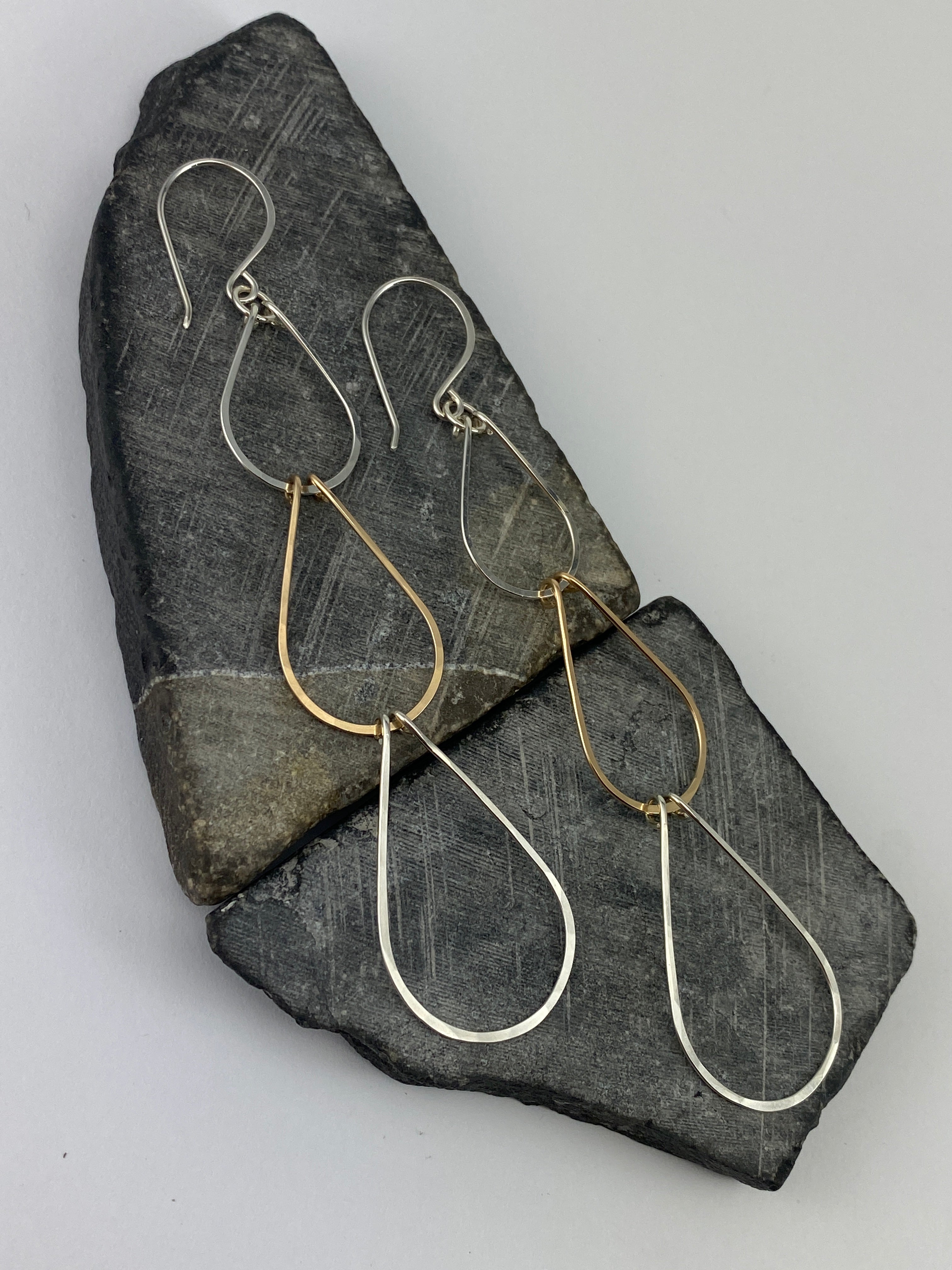 Sterling Silver and 14k Gold  3-tier Waterfall Teardrop Earrings