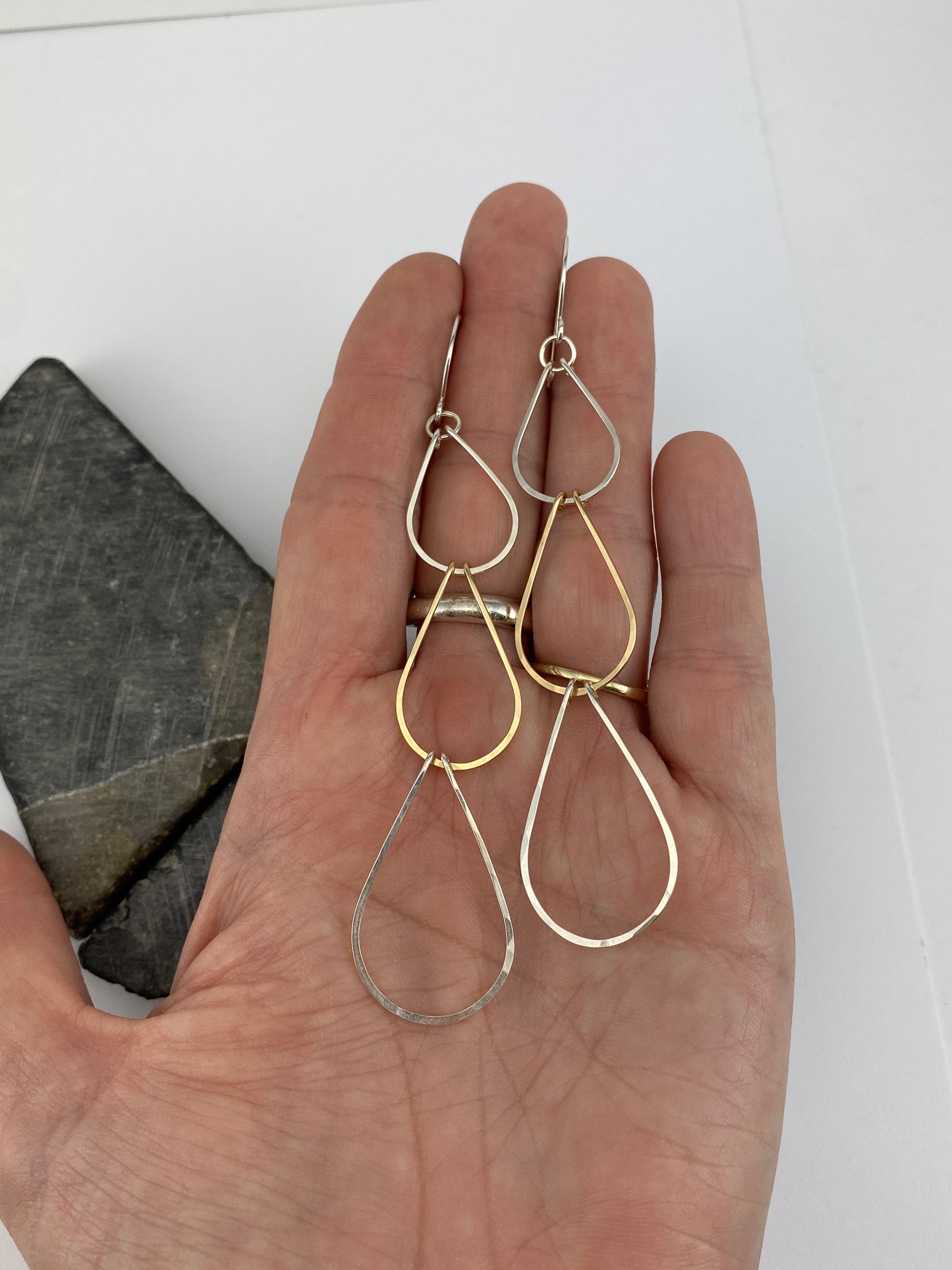 Silver and Gold  Triple Teardrop Earrings | Waterfall Earrings | Mixed Metal Boho Earrings | Sterling Silver | 14 K Gold Fill