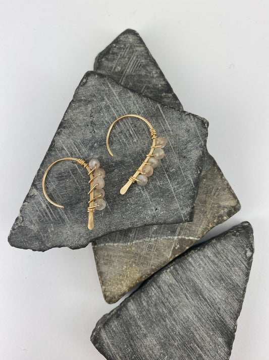 Gold Arch Earrings with Chocolate Moonstones | Gold Wrapped Arch Earrings | Threaders | Delicate Jewelry