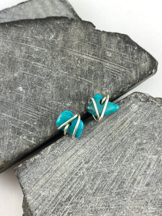 Sterling Silver Wrapped Turquoise Stud Earrings, Silver Turquoise Stud Earrings, gemstone earrings, turquoise jewelry, silver studs, gemstone post, birthstone earrings, December Birthstone