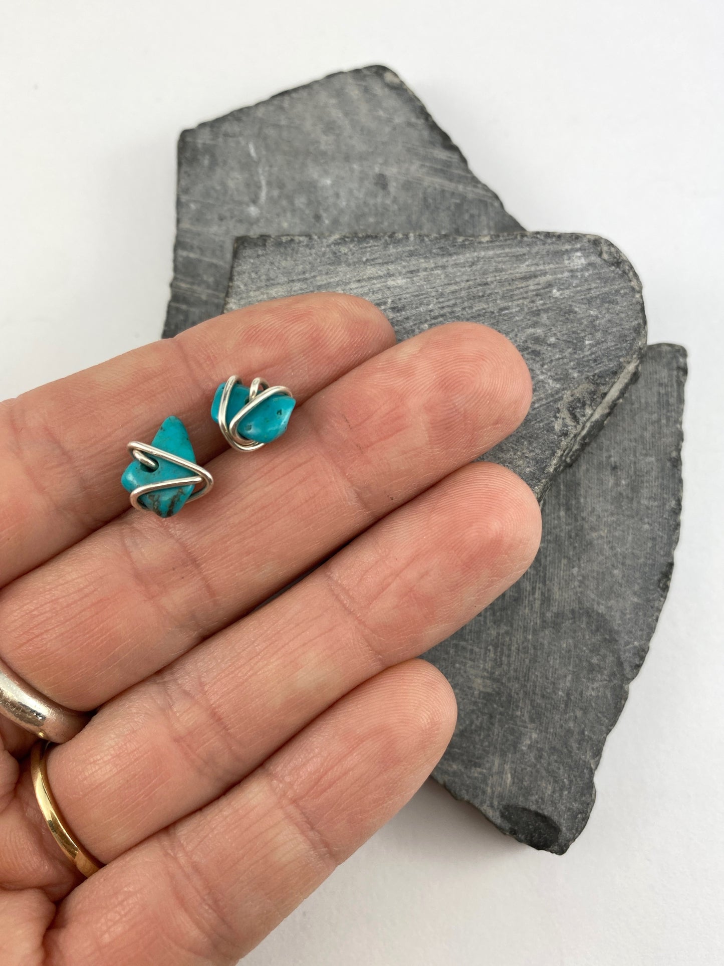 Sterling Silver Wrapped Turquoise Stud Earrings, Silver Turquoise Stud Earrings, gemstone earrings, turquoise jewelry, silver studs, gemstone post, birthstone earrings, December Birthstone