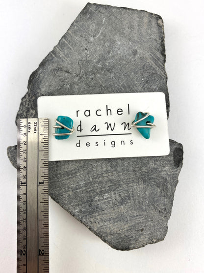 Sterling Silver Wrapped Turquoise Stud Earrings, Silver Turquoise Stud Earrings, gemstone earrings, turquoise jewelry, silver studs, gemstone post, birthstone earrings, December Birthstone