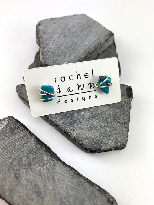 Sterling Silver Wrapped Turquoise Stud Earrings, Silver Turquoise Stud Earrings, gemstone earrings, turquoise jewelry, silver studs, gemstone post, birthstone earrings, December Birthstone