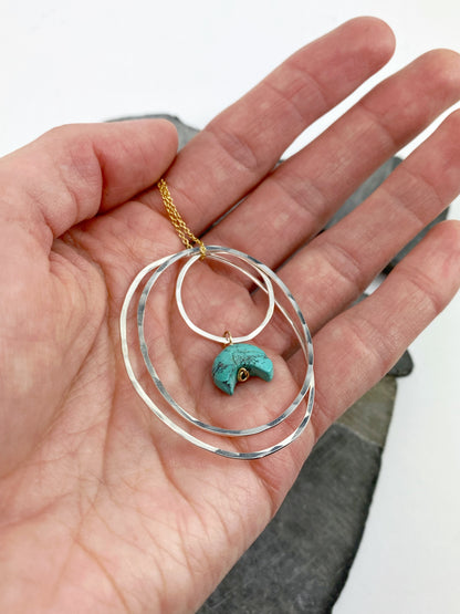 Silver Turquoise Hoop Necklace | Hammered Boho Necklace | Mixed Metal Ring Necklace | Turquoise Necklace | Moon Necklace | Turquoise Jewelry | Birthstone Necklace