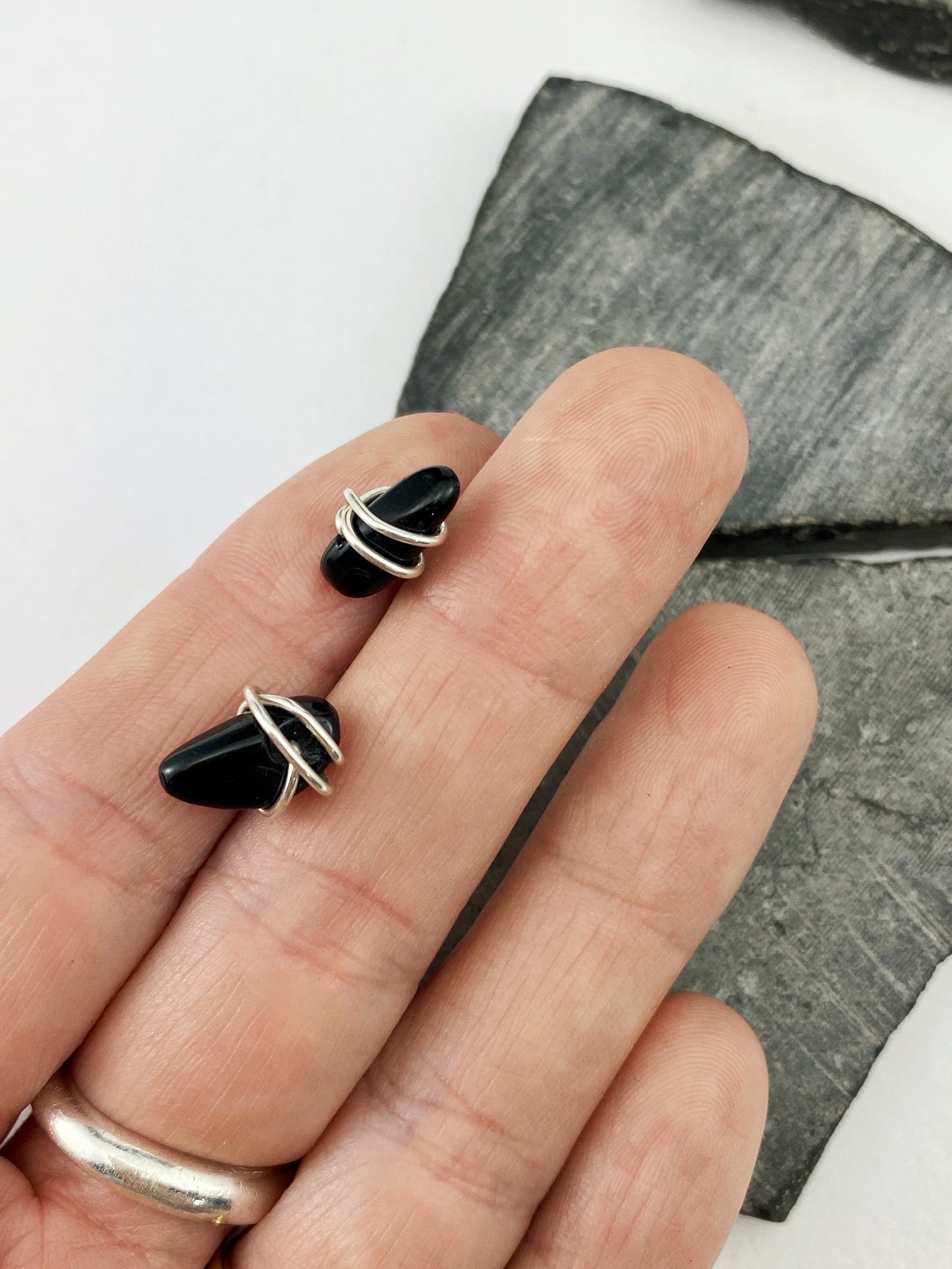 Silver Wrapped Onyx Studs | Silver Studs | Boho Post Earrings |Birthstone Earring | Birthstone Jewelry | July Birthday | Gemstone Studs | Minimalist Earrings | Post Earrings