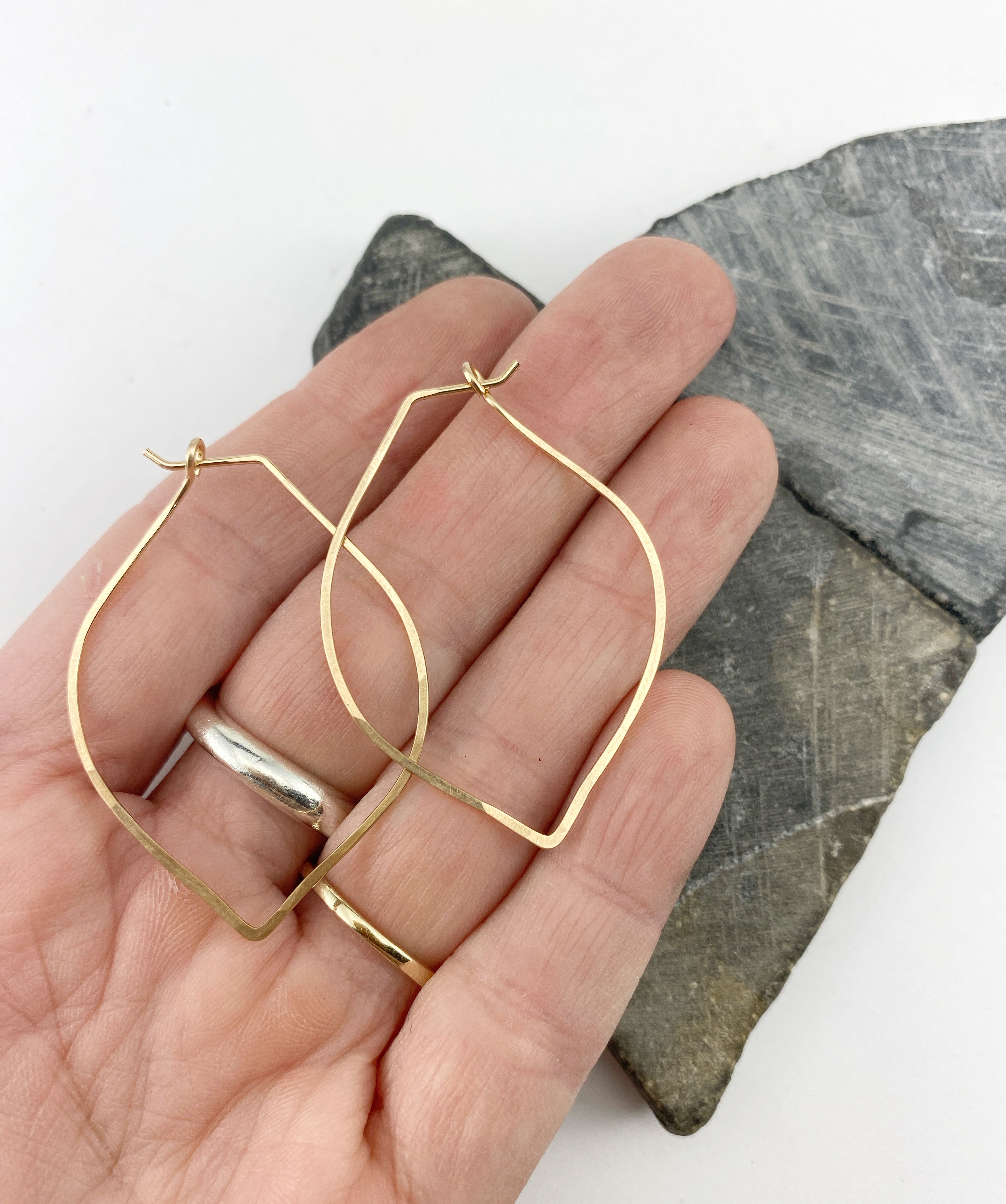 Gold Petal Hoop Earrings | Boho Hoops | Geometric Earrings | Petal Shaped Hoops | 14 K Gold Fill | Handmade Hammered Hoops