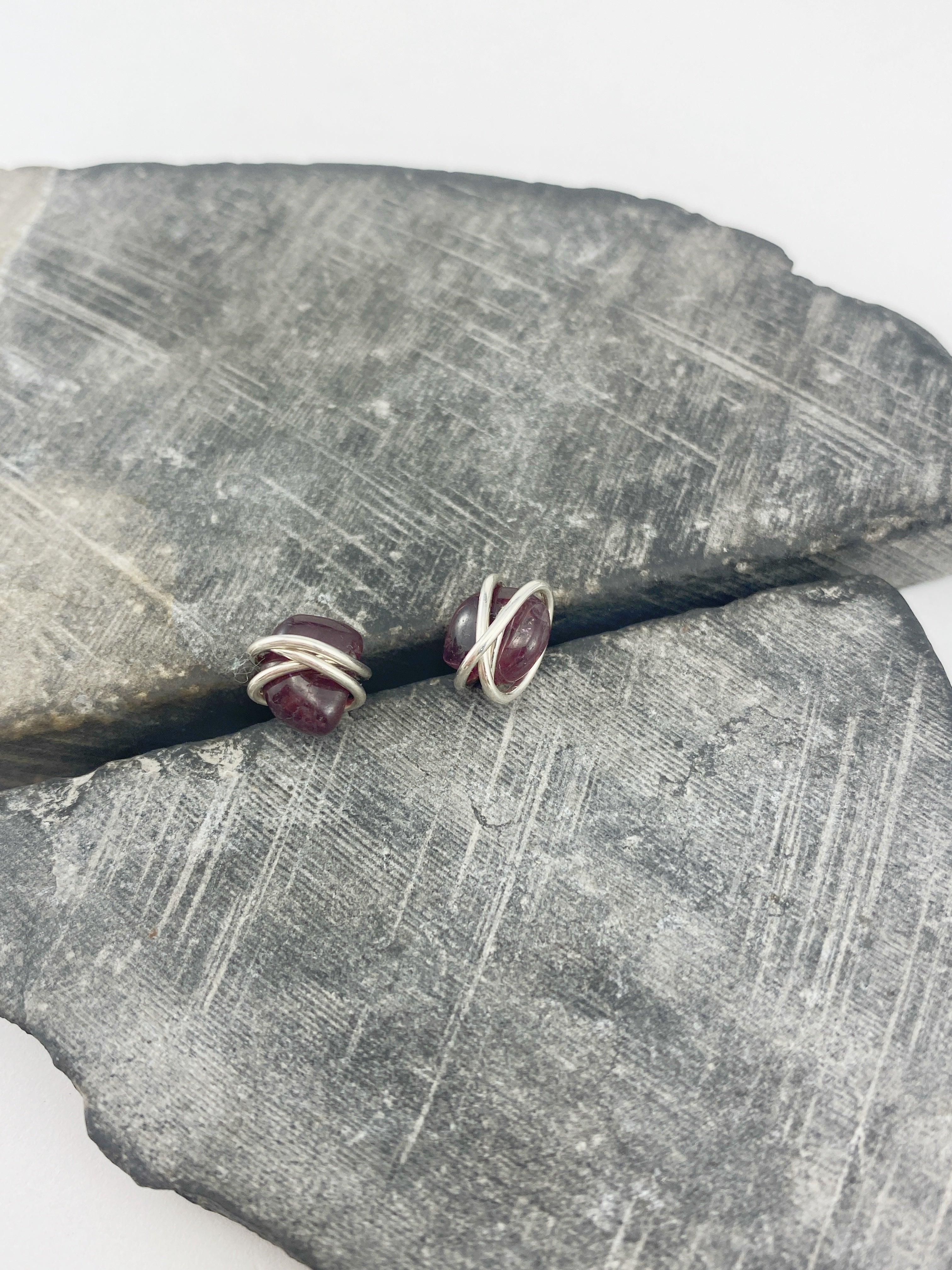 Sterling Silver Wrapped Garnet Stud Earrings | Minimalist Posts | Silver Studs | January Birthstone | Birthstone Earrings | Garnet Jewelry | Modern Earrings