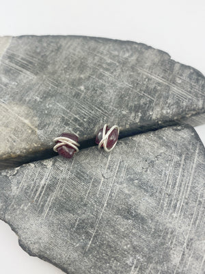 Sterling Silver Wrapped Garnet Stud Earrings | Minimalist Posts | Silver Studs | January Birthstone | Birthstone Earrings | Garnet Jewelry | Modern Earrings