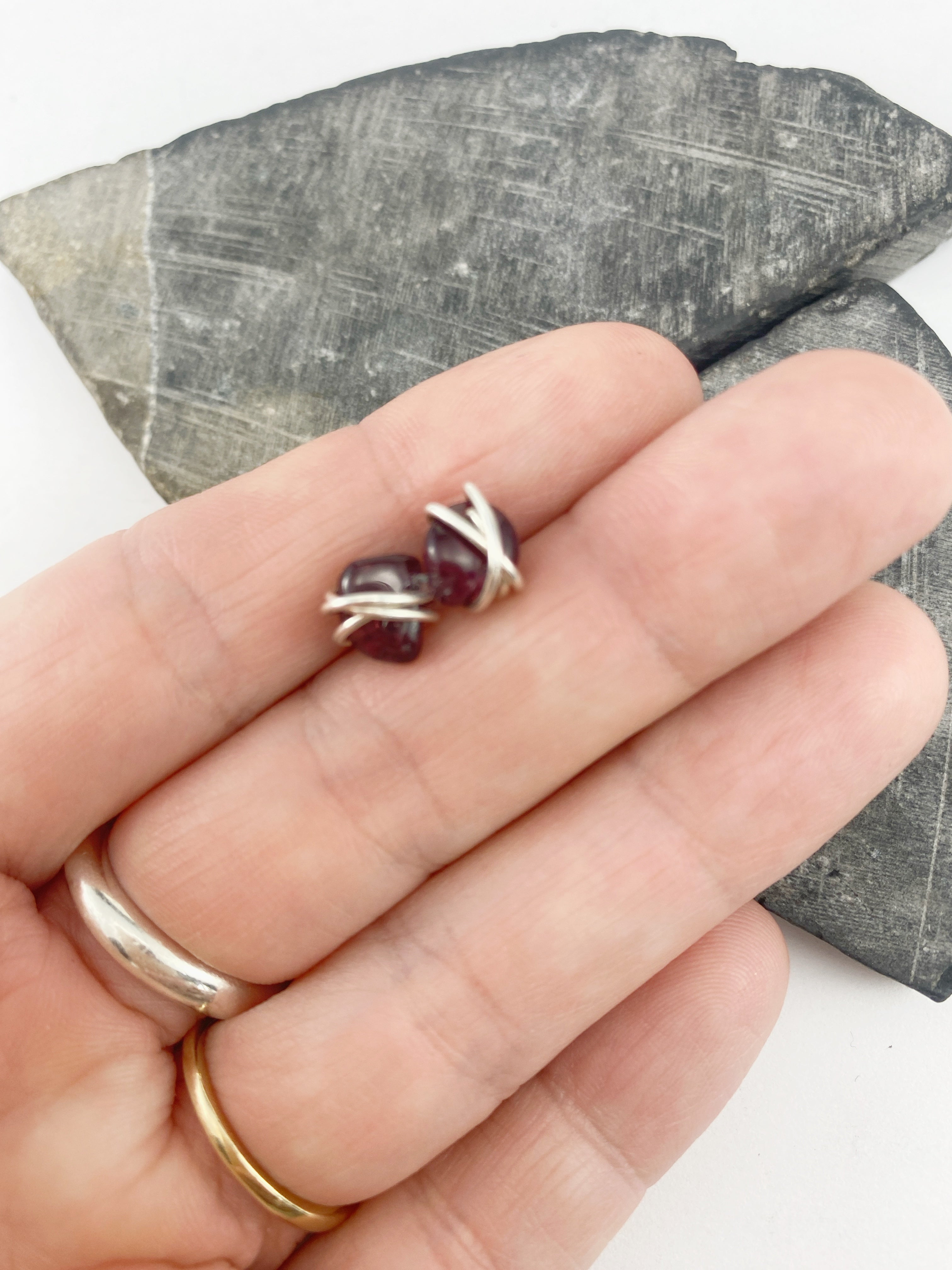 Sterling Silver Wrapped Garnet Stud Earrings | Minimalist Posts | Silver Studs | January Birthstone | Birthstone Earrings | Garnet Jewelry | Modern Earrings