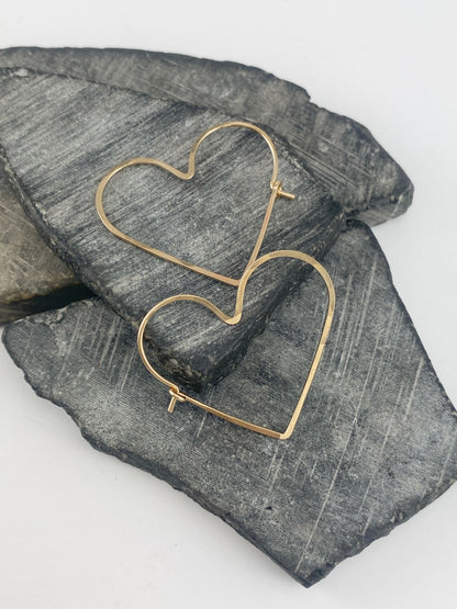 Gold Heart Hoop Earrings | Boho Hoops | Geometric Earrings | Heart Shaped Hoops | 14 K Gold Fill | Handmade Hammered Hoops