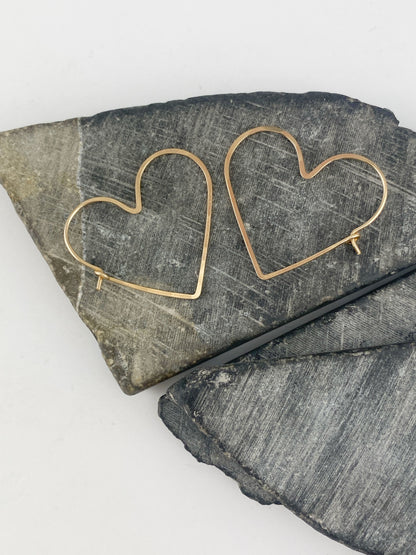 Gold Heart Hoop Earrings | Boho Hoops | Geometric Earrings | Heart Shaped Hoops | 14 K Gold Fill | Handmade Hammered Hoops