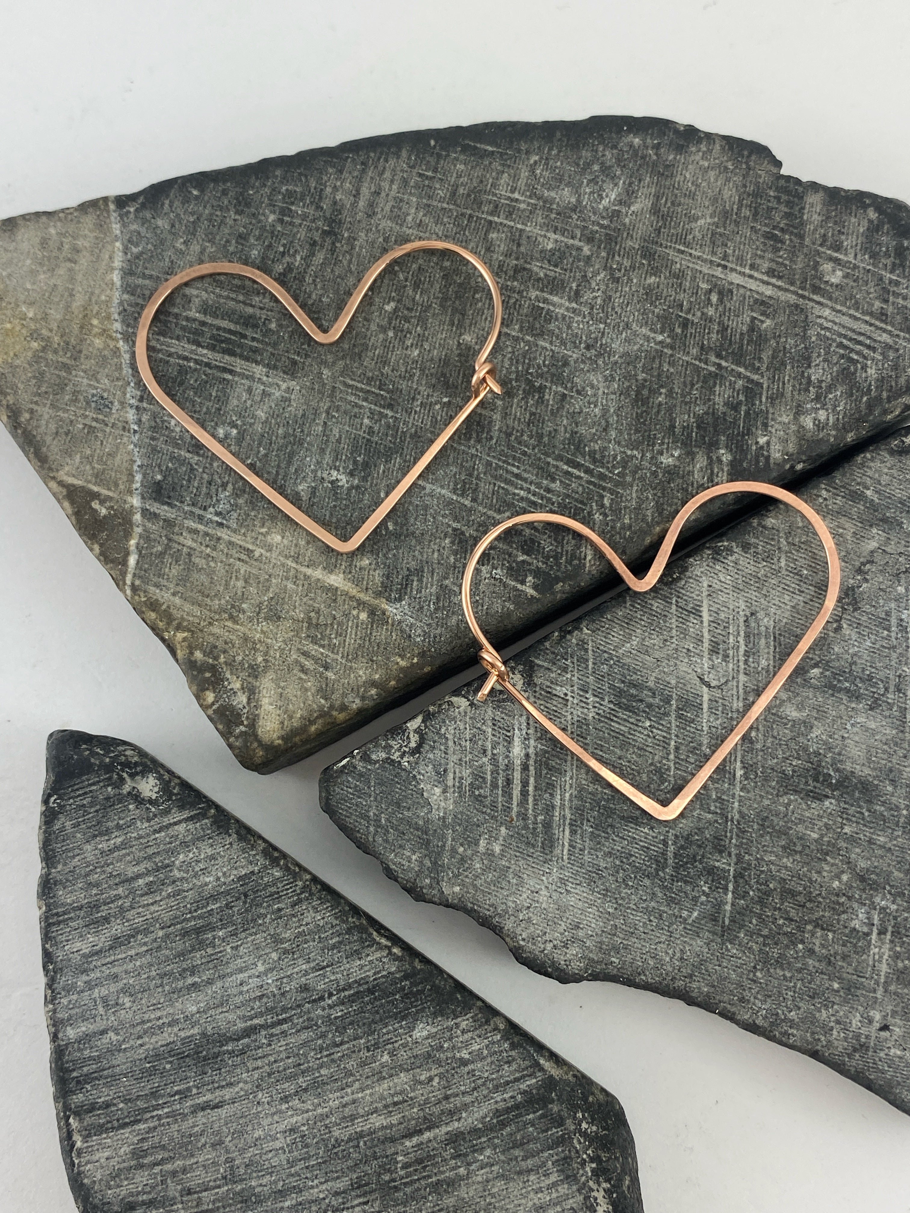 Rose Gold Heart Hoop Earrings | Boho Hoops | Geometric Earrings | Heart Shaped Hoops | 14 K Rose Gold Fill | Handmade Hammered Hoops