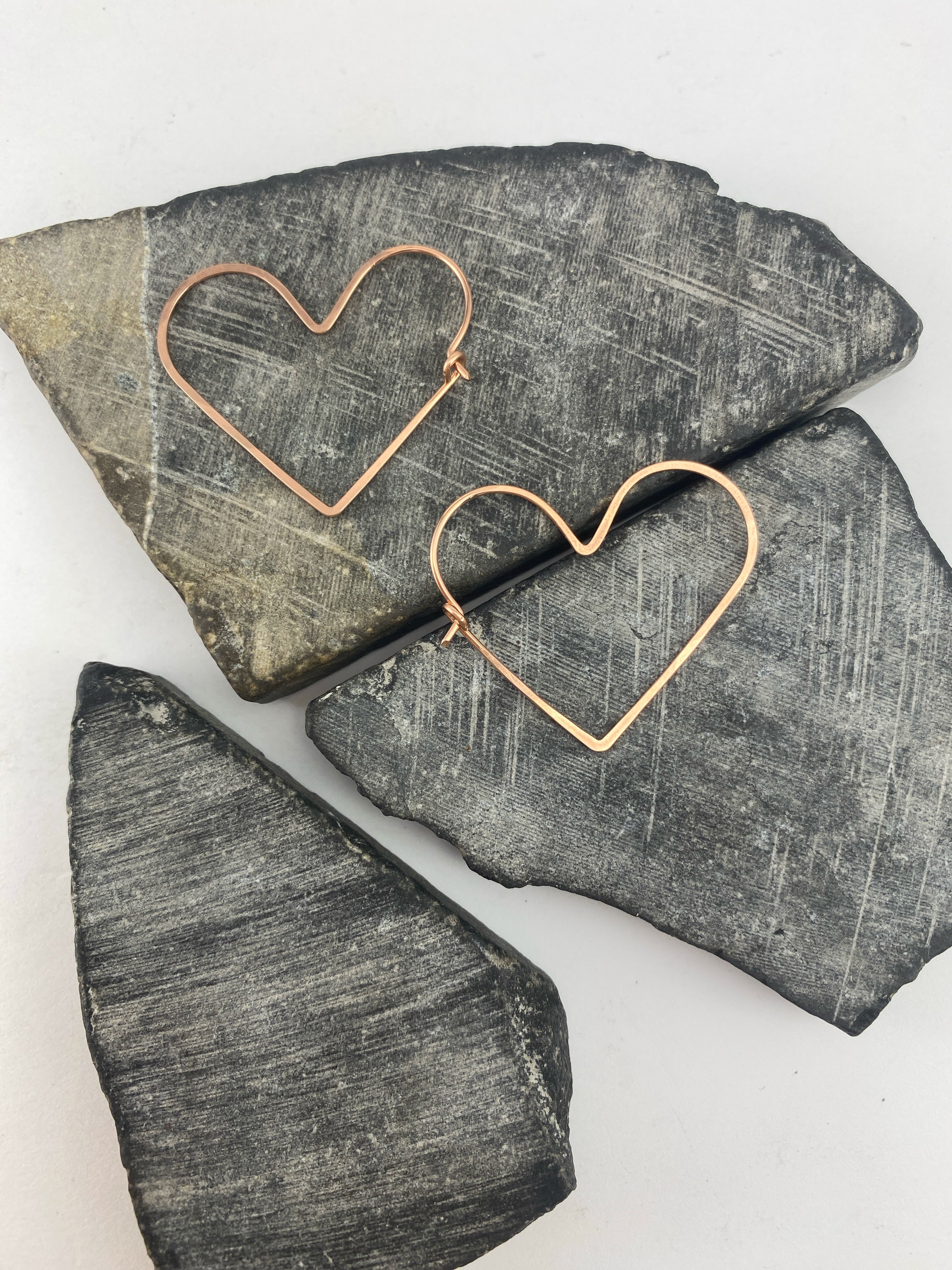 Rose Gold Heart Hoop Earrings | Boho Hoops | Geometric Earrings | Heart Shaped Hoops | 14 K Rose Gold Fill | Handmade Hammered Hoops