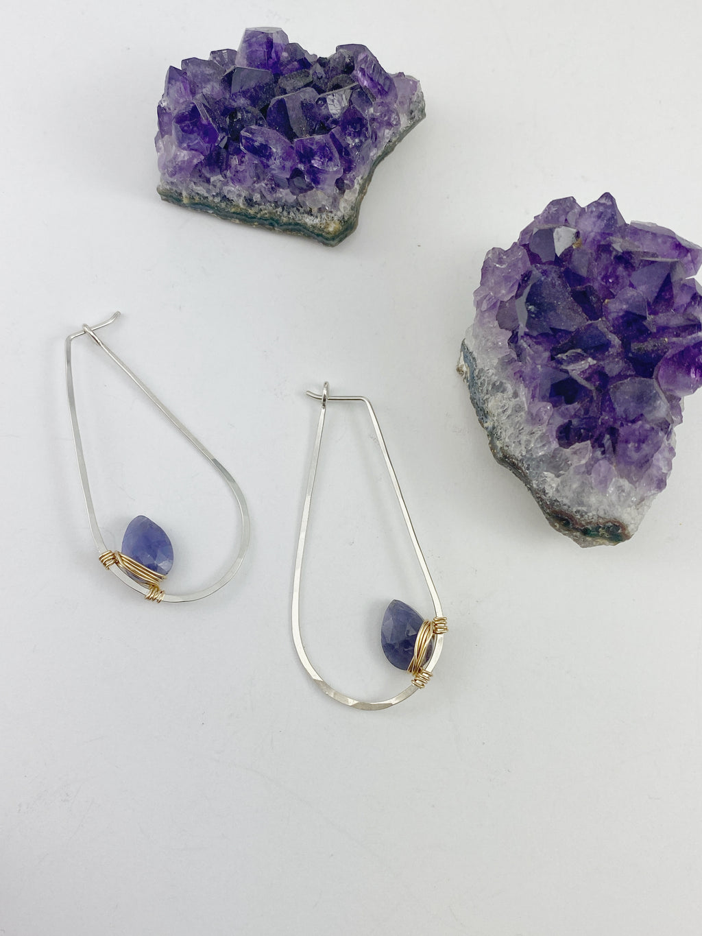 Iolite Mixed Metal Teardrop Hoop | Teardrop Hoops | Geometric Earrings | Minimalist Earring | Gemstone Earrings | Purple Stone | Sterling Silver | 14 K Gold Fill