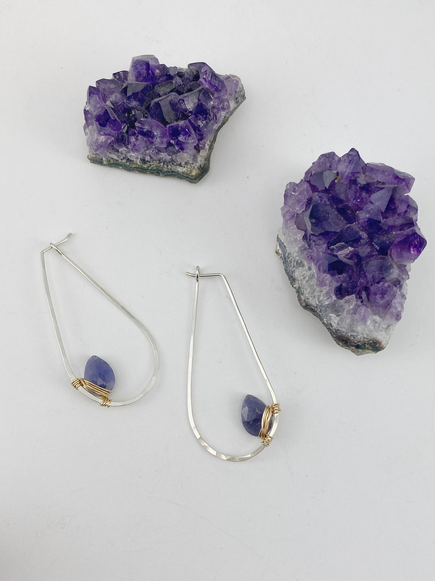 Iolite Mixed Metal Teardrop Hoop | Teardrop Hoops | Geometric Earrings | Minimalist Earring | Gemstone Earrings | Purple Stone | Sterling Silver | 14 K Gold Fill