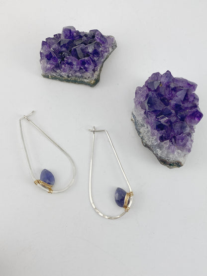 Iolite Mixed Metal Teardrop Hoop | Teardrop Hoops | Geometric Earrings | Minimalist Earring | Gemstone Earrings | Purple Stone | Sterling Silver | 14 K Gold Fill