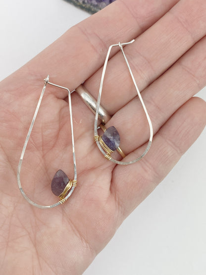 Iolite Mixed Metal Teardrop Hoop | Teardrop Hoops | Geometric Earrings | Minimalist Earring | Gemstone Earrings | Purple Stone | Sterling Silver | 14 K Gold Fill