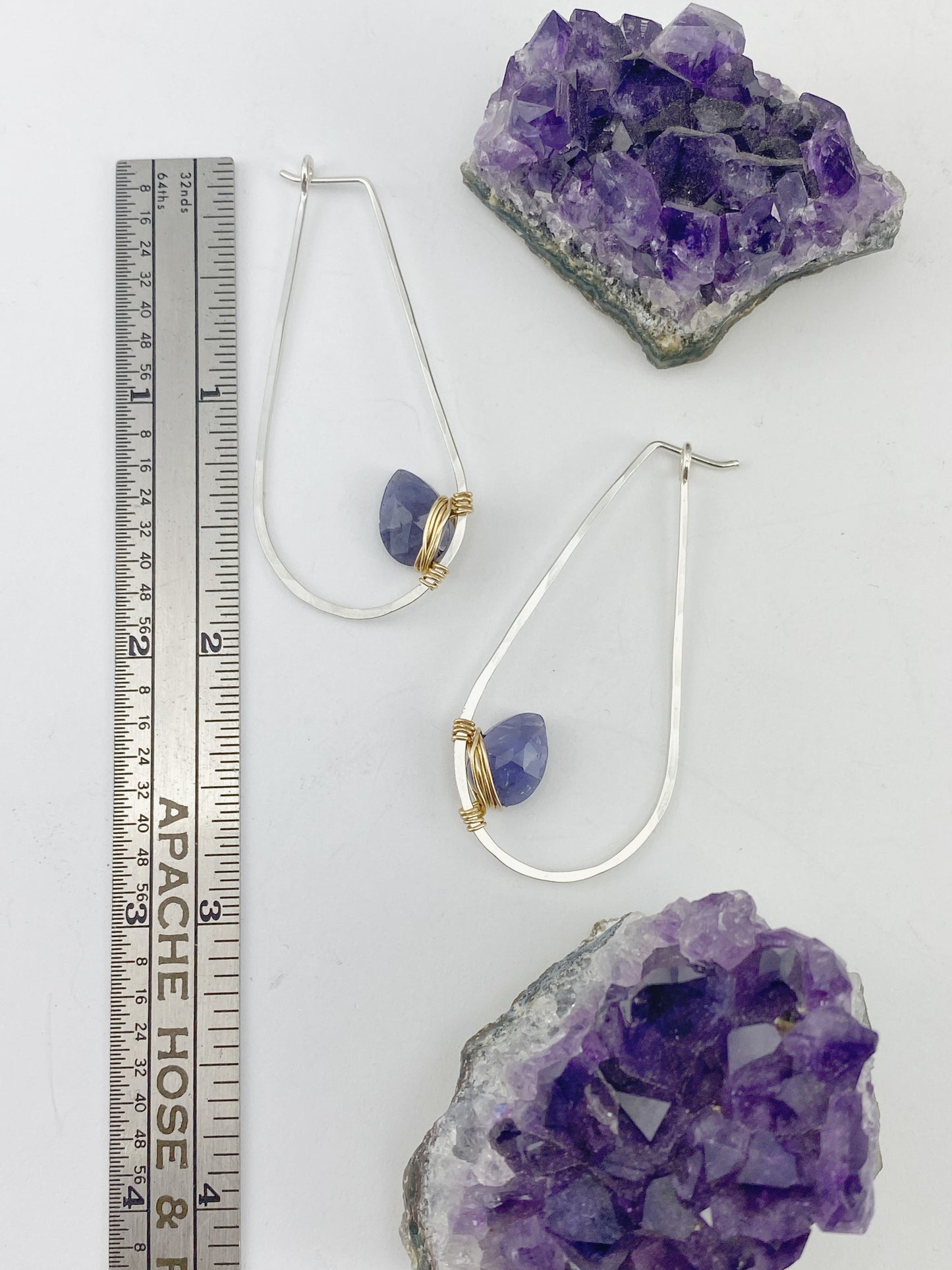 Iolite Mixed Metal Teardrop Hoop | Teardrop Hoops | Geometric Earrings | Minimalist Earring | Gemstone Earrings | Purple Stone | Sterling Silver | 14 K Gold Fill