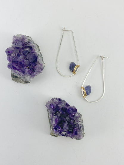 Iolite Mixed Metal Teardrop Hoop | Teardrop Hoops | Geometric Earrings | Minimalist Earring | Gemstone Earrings | Purple Stone | Sterling Silver | 14 K Gold Fill