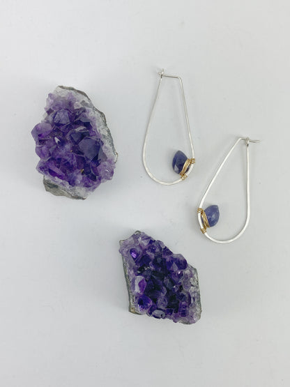 Iolite Mixed Metal Teardrop Hoop | Teardrop Hoops | Geometric Earrings | Minimalist Earring | Gemstone Earrings | Purple Stone | Sterling Silver | 14 K Gold Fill