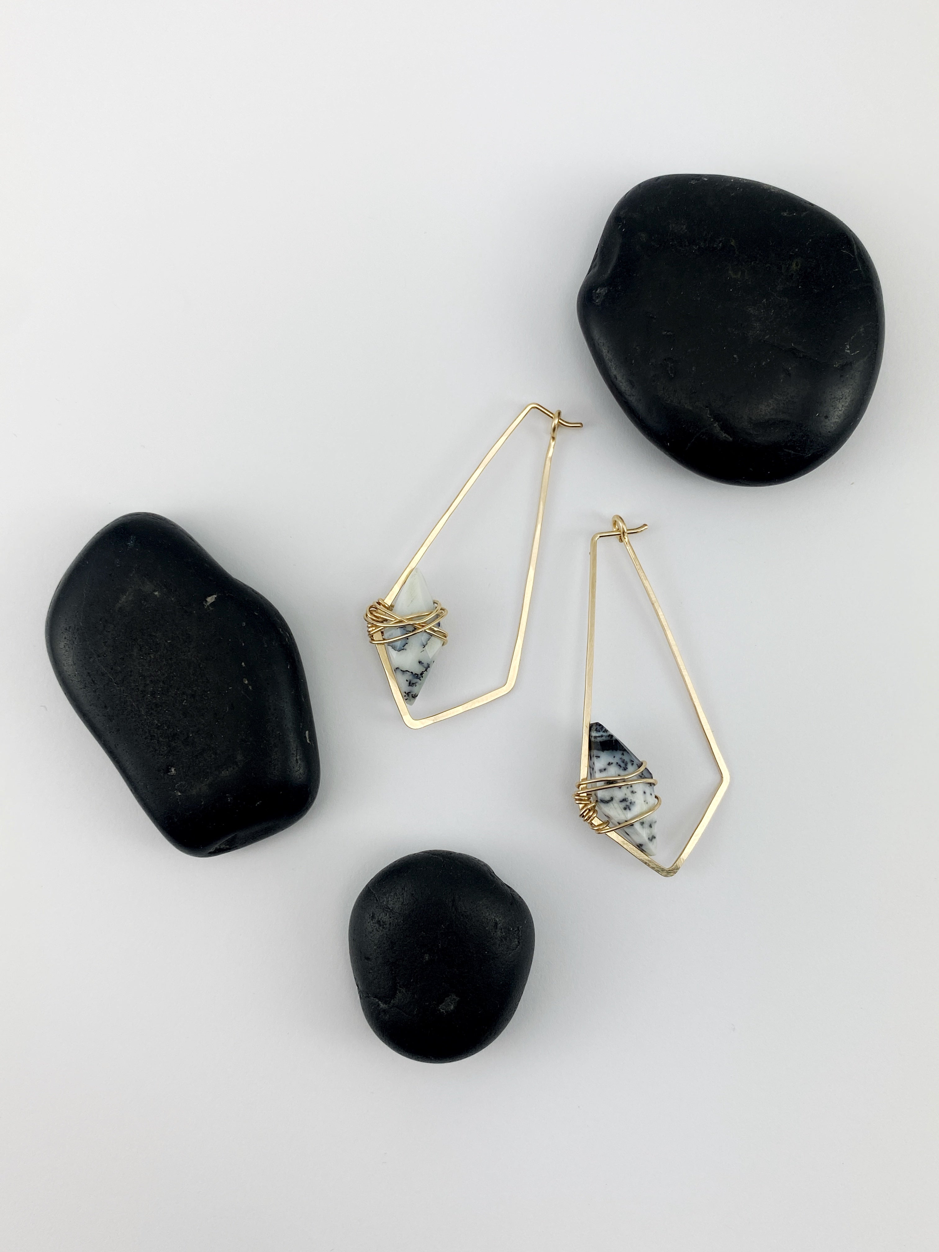 Dendritic Agate Gold Kite Hoops | Geometric Earrings | Minimalist Earrings | Lightweight Jewelry | Hammered Hoops