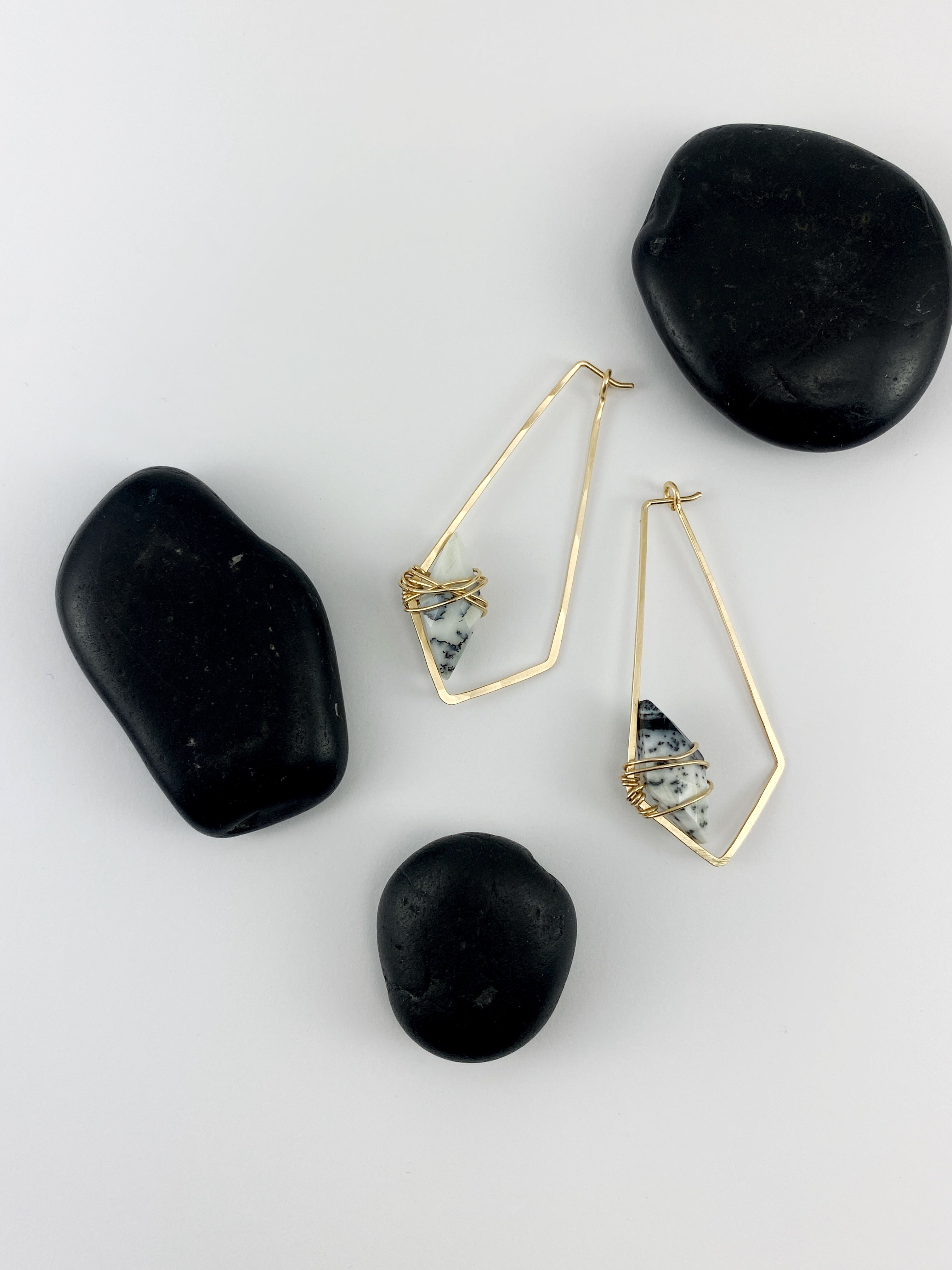 Dendritic Agate Gold Kite Hoops | Geometric Earrings | Minimalist Earrings | Lightweight Jewelry | Hammered Hoops