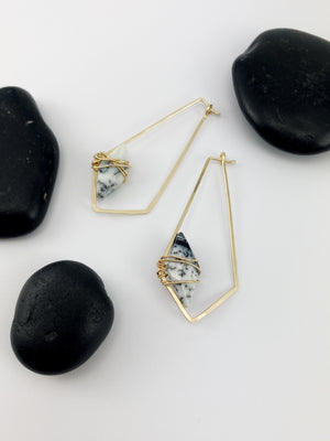 Dendritic Agate Gold Kite Hoops | Geometric Earrings | Minimalist Earrings | Lightweight Jewelry | Hammered Hoops