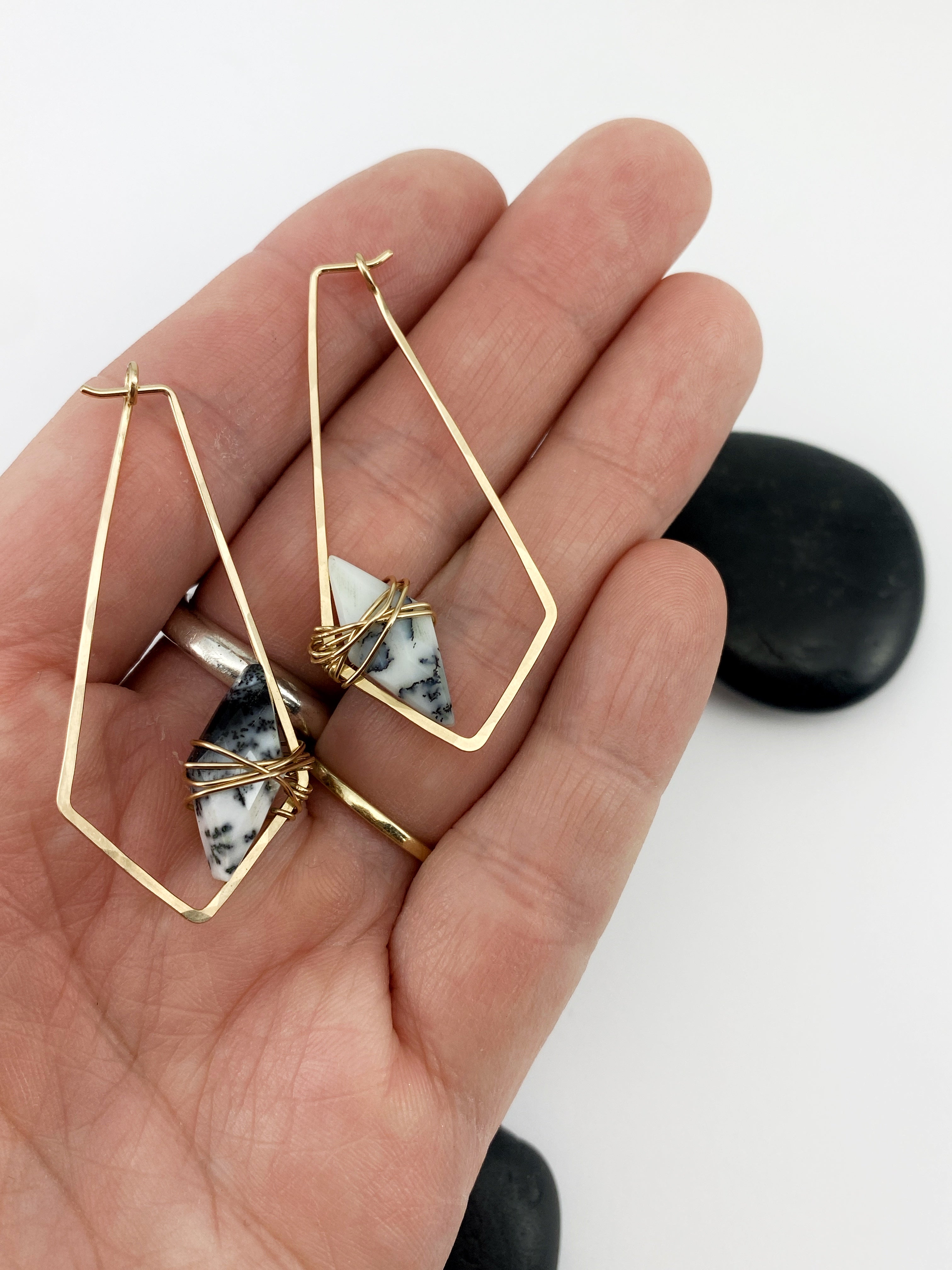 Dendritic Agate Gold Kite Hoops | Geometric Earrings | Minimalist Earrings | Lightweight Jewelry | Hammered Hoops