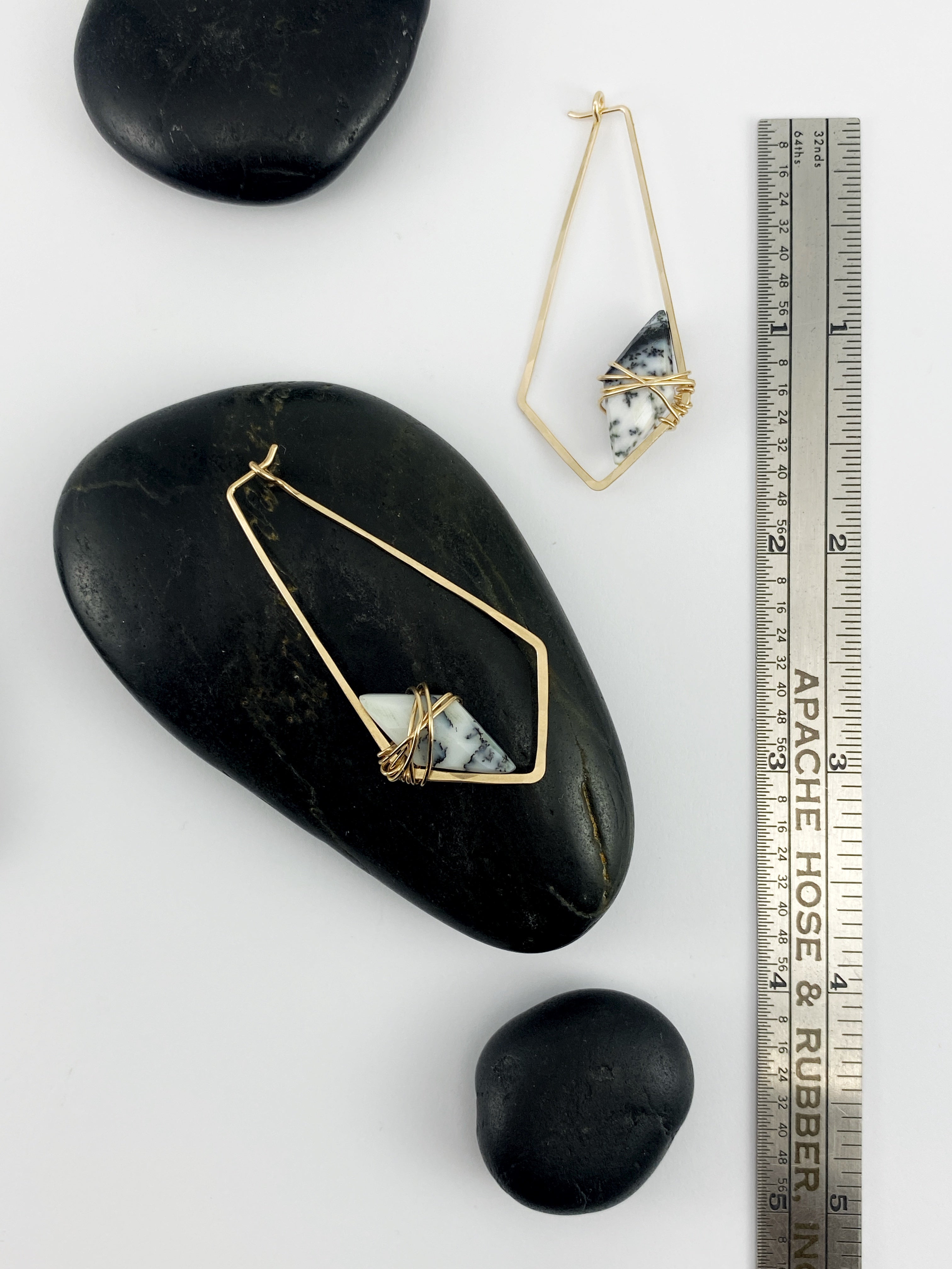 Dendritic Agate Gold Kite Hoops | Geometric Earrings | Minimalist Earrings | Lightweight Jewelry | Hammered Hoops