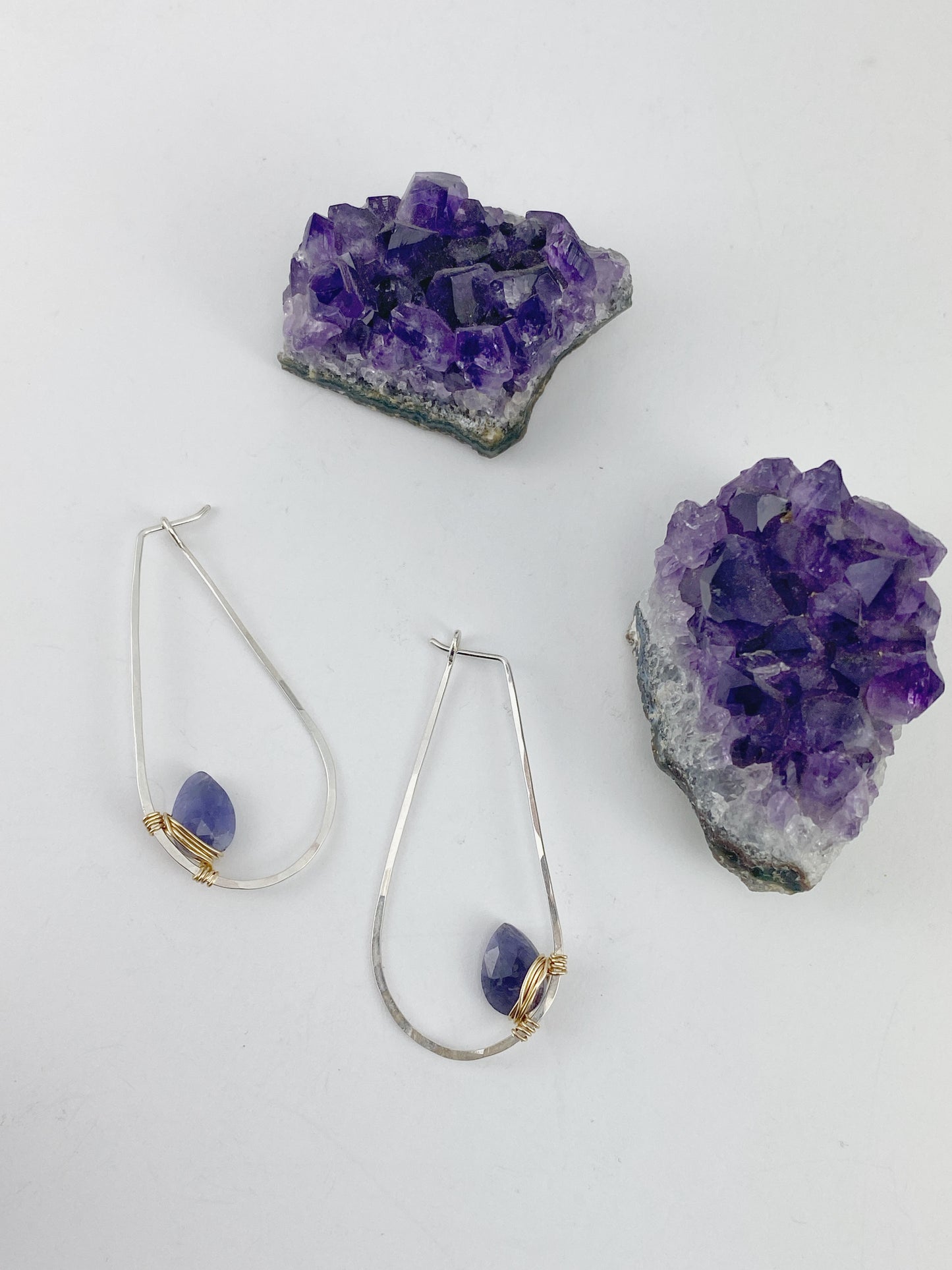 Iolite Mixed Metal Teardrop Hoop | Teardrop Hoops | Geometric Earrings | Minimalist Earring | Gemstone Earrings | Purple Stone | Sterling Silver | 14 K Gold Fill
