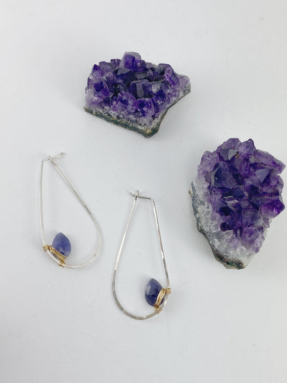 Iolite Mixed Metal Teardrop Hoop | Teardrop Hoops | Geometric Earrings | Minimalist Earring | Gemstone Earrings | Purple Stone | Sterling Silver | 14 K Gold Fill