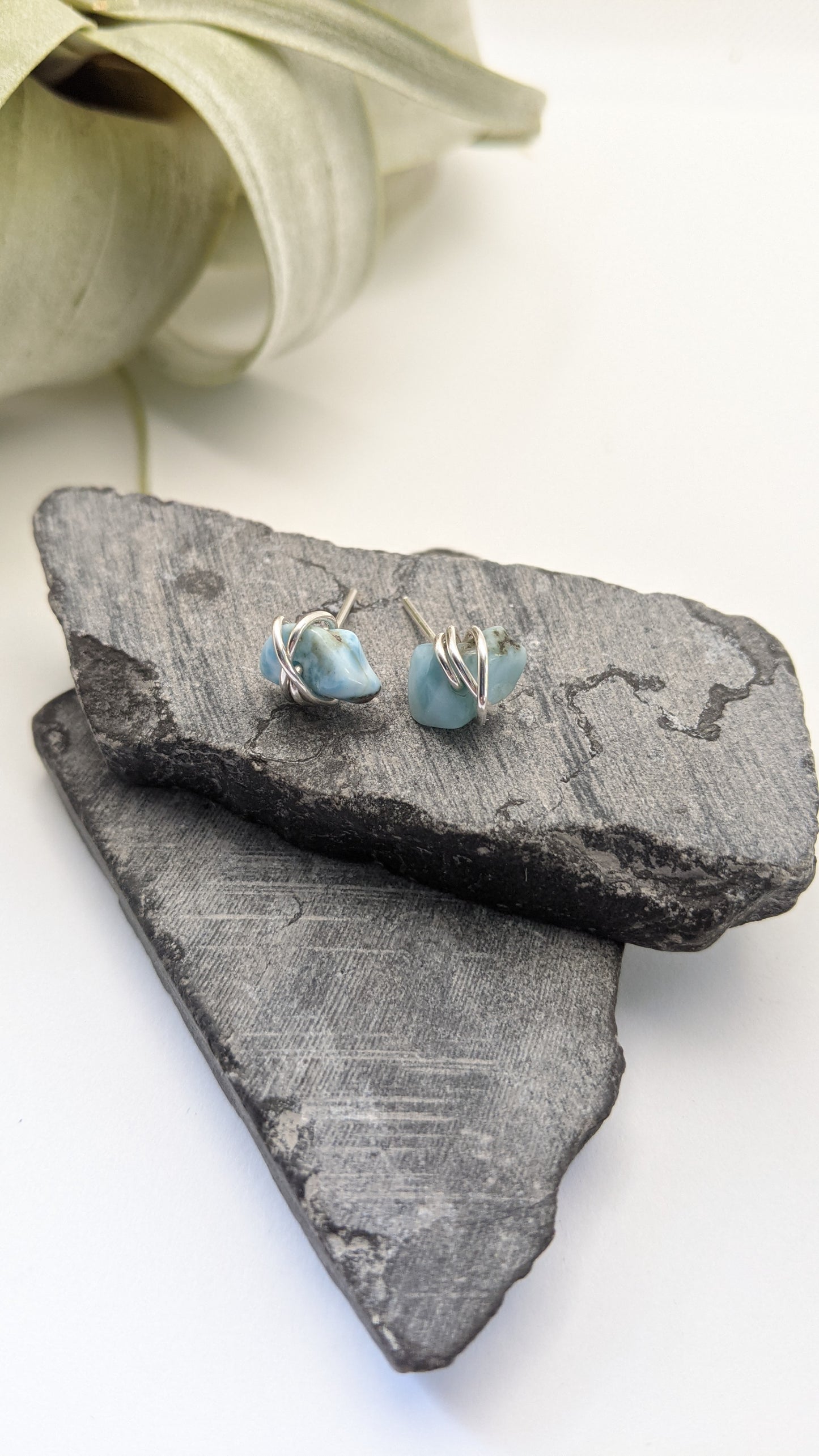 Silver Wrapped Larimar Stud Earrings | Boho Studs | Gemstone Posts | Dainty Earrings | Minimalist Earrings | Crystal Earrings | Healing Crystals