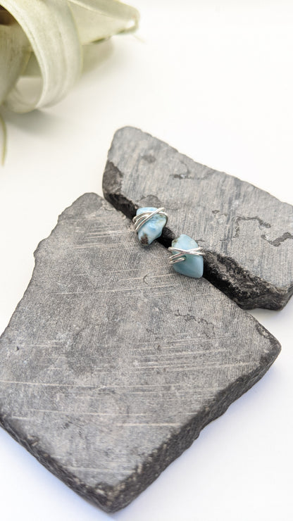 Silver Wrapped Larimar Stud Earrings | Boho Studs | Gemstone Posts | Dainty Earrings | Minimalist Earrings | Crystal Earrings | Healing Crystals