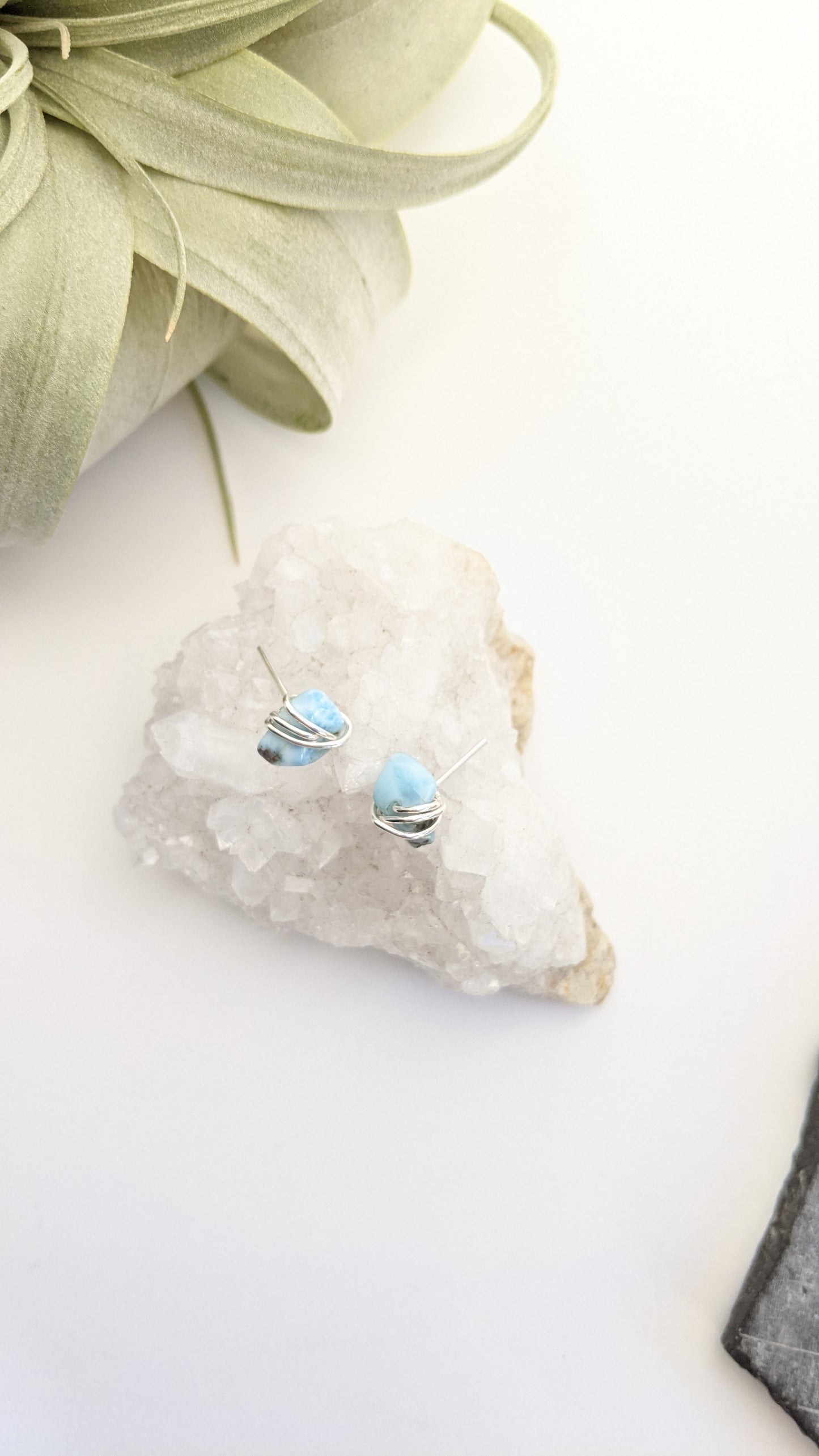 Silver Wrapped Larimar Stud Earrings | Boho Studs | Gemstone Posts | Dainty Earrings | Minimalist Earrings | Crystal Earrings | Healing Crystals